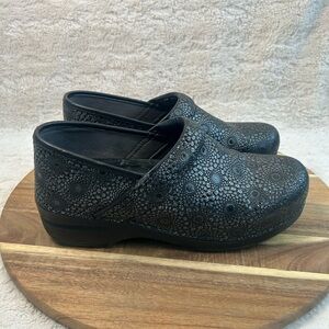 Dansko Black and Silver Patterned Clogs